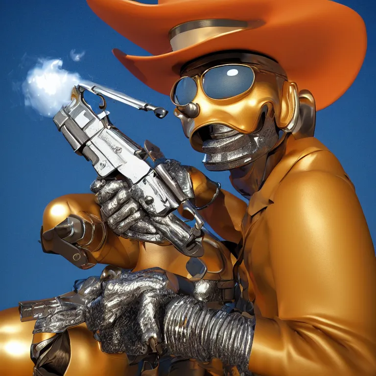 Prompt: octane render portrait by wayne barlow and carlo crivelli and glenn fabry, a man wearing a giant foam cowboy mascot costume holding a giant reflective shiny chrome revolver with smoke coming out of the barrel, cinema 4 d, ray traced lighting, very short depth of field, bokeh