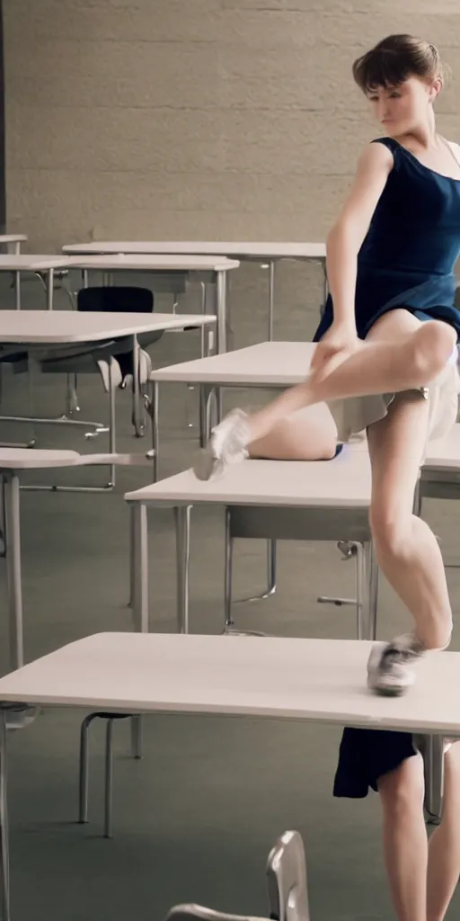 Prompt: tilted frame, dutch angle, skewed shot, film still of stylish girl dancing on school desk, cinematography from music video, intricate, elegant, highly detailed, smooth, sharp focus,