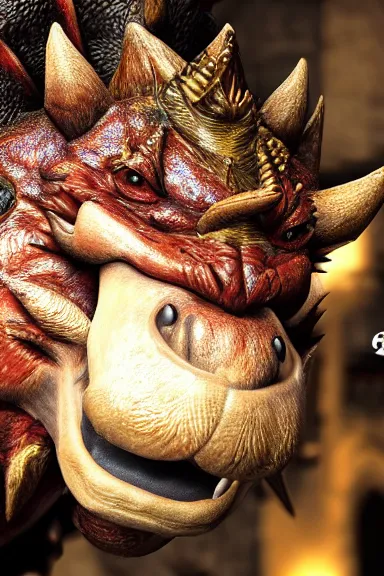 Image similar to very very intricate photorealistic photo of bowser in an episode of game of thrones, photo is in focus with detailed atmospheric lighting, award - winning details