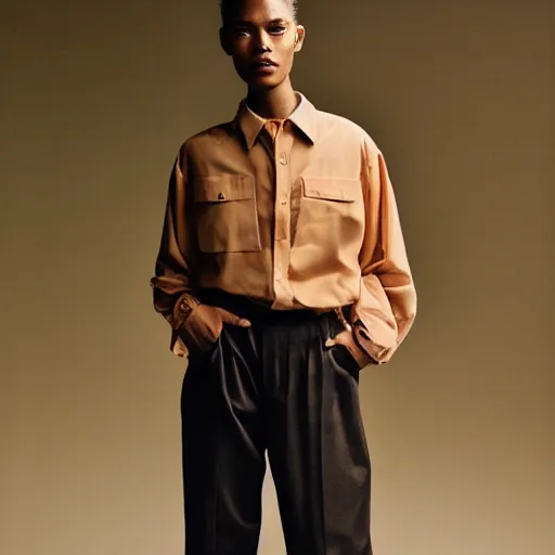 Image similar to realistic photoshooting for a new balenciaga lookbook color film photography portrait of a beautiful woman model, model wears a brown le papier'la chemise machou'shirt, photo in style of tyler mitchell