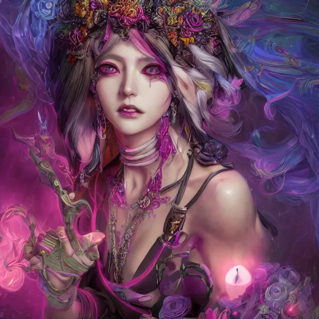 Prompt: the portrait of chaotic evil fallen sensual colorful female necromancer overlord as absurdly beautiful, gorgeous, elegant, young idol, an ultrafine hyperdetailed illustration by kim jung gi, irakli nadar, detailed faces, intricate linework, octopath traveler, final fantasy, unreal engine 5 highly rendered, global illumination, radiant light, detailed and intricate environment