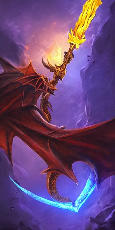 Prompt: draconic staff, dragon staff, ((((dragon head)))) on top of the staff, glowing draconic staff, epic fantasy style art, fantasy epic digital art, epic fantasy weapon art, hearthstone style art