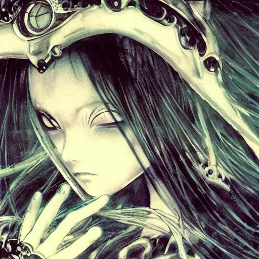 Image similar to Yoshitaka Amano blurred and dreamy illustration of an anime girl with the pirate eye patch hiding one eye, wavy white hair and cracks on her face wearing Elden ring armour with the cape fluttering in the wind, abstract black and white patterns on the background, noisy film grain effect, highly detailed, Renaissance oil painting, weird portrait angle