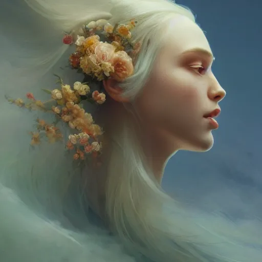 Image similar to epic portrait an beautiful goddess with long blonde flowing hair full off flowers, sweaty skin, glossy lips, beautiful, broad light, ambient occlusion, volumetric light effect, made by ivan aivazovsky, peter mohrbacher, greg rutkowski, matte painting, trending on artstation, 4 k, perfectly defined features, digital painting,