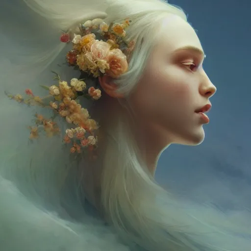 Prompt: epic portrait an beautiful goddess with long blonde flowing hair full off flowers, sweaty skin, glossy lips, beautiful, broad light, ambient occlusion, volumetric light effect, made by ivan aivazovsky, peter mohrbacher, greg rutkowski, matte painting, trending on artstation, 4 k, perfectly defined features, digital painting,