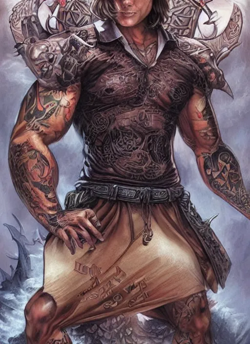 Image similar to handsome! Sam Winchester as a muscular whole body tattooed with runes and religious symbols, urban fantasy romance book cover, D&D!, fantasy style, sharp focus!, ultra detailed, art by Artgerm and Peter Andrew Jones, WLUP