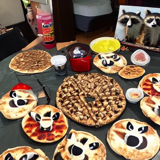 Prompt: photo of raccoon pizza party