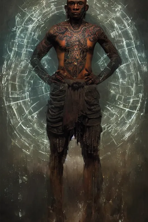 Prompt: A portrait of a dark skinned monk covered in runic tattoos, he is surrounded by glowing floating magical runes, digital art by Ruan Jia , Moebious, Craig Mullin, and Nick Knight