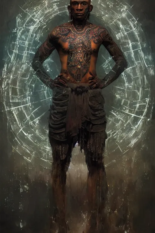 Image similar to A portrait of a dark skinned monk covered in runic tattoos, he is surrounded by glowing floating magical runes, digital art by Ruan Jia , Moebious, Craig Mullin, and Nick Knight