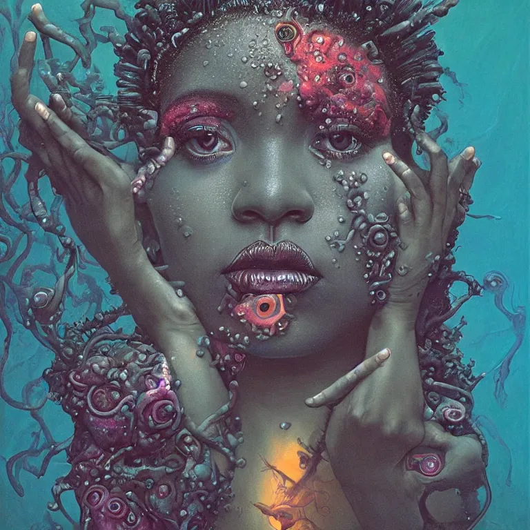 Image similar to Hyperrealistic intensely colored close up studio Photograph portrait of a deep sea bioluminescent Rihanna, symmetrical face realistic proportions eye contact, sitting in Her throne underwater, award-winning portrait oil painting by Norman Rockwell and Zdzisław Beksiński vivid colors high contrast hyperrealism 8k