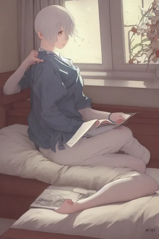 Image similar to a teenage girl with white short hair in a jk uniform outfit in the bedroom reading a book in a night, raining outside the window, grey and blue theme, by krenz cushart and mucha and akihito yoshida and greg rutkowski and makoto shinkai, detailed eyes, 4 k resolution