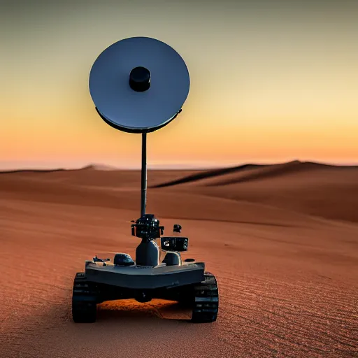 Image similar to mobile camoflaged rugged weather station sensor antenna on tank treads, for monitoring the australian desert, XF IQ4, 150MP, 50mm, F1.4, ISO 200, 1/160s, dawn