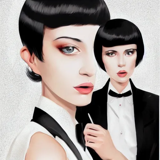 Prompt: slim cruel business girl in tuxedo with black bob hair, elegant, 2 d, ultra highly detailed, digital painting, smooth, sharp focus, artstation, art by ilya kuvshinov! dream slim girl in tuxedo with short black hair, elegant, 2 d, ultra highly detailed, digital painting, smooth, sharp focus, artstation, art by ilya kuvshinov