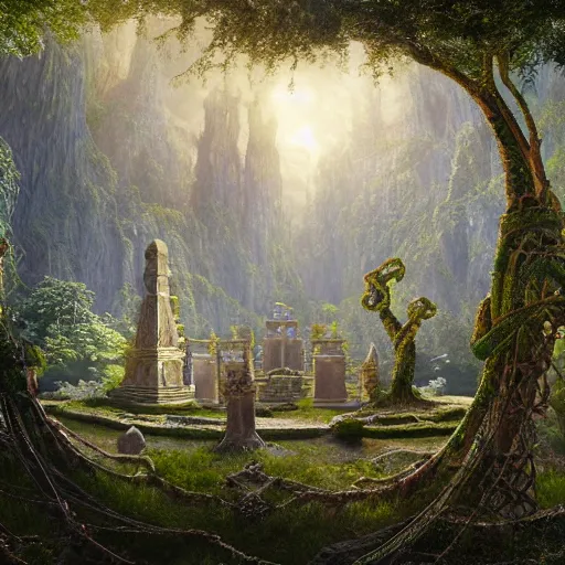 Image similar to a beautiful and highly detailed matte painting of an elven temple in a magical fantasy garden in a lush forest, celtic knots, ancient runes, knotted trees, intricate details, epic scale, insanely complex, 8 k, sharp focus, hyperrealism, very realistic, by caspar friedrich, albert bierstadt, james gurney, brian froud,