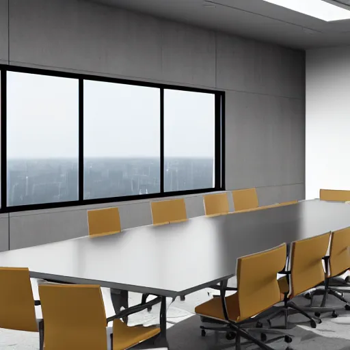 Image similar to brutalist corporate conference room interior design concept big windows minimalist furnitrue by martyn lawrence bullard design high quality ultra realistic 8 k