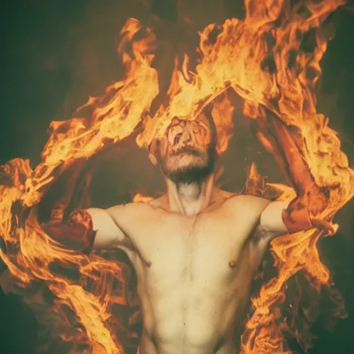 Image similar to realistic expired kodak film full body portrait of an fire performer,, hyperrealism, hypermaxiymalism, photorealistic, detailed, atmospheric, 8 k, award winning photography, cinematic