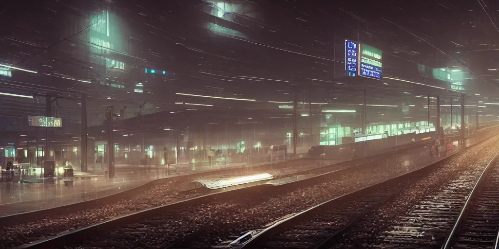 Image similar to !Train station!, futuristic bladerunner, trains, cyberpunk, train station in the rain at night, volumetric lighting, 4K, Spherical, Panorama, RealityEngine, PhotoRender, hyperdetailed, cinematic