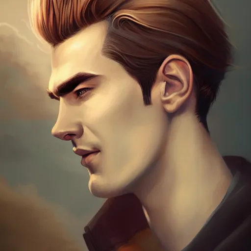 Image similar to tall man in his twenties with brown blond short quiff hair and round facial structure with cleft chin, straight eyebrows, slightly smiling, cheekbones, wider face, shadow of beard, atmospheric lighting, painted, intricate, 4 k, highly detailed by charlie bowater