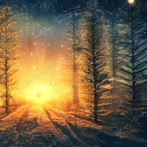 Image similar to sunrise nordic forest, sparkling spirits, detailed wide shot, crayon, ground detailed, wet eyes reflecting into eyes reflecting into infinity, beautiful lighting