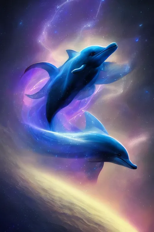 Image similar to Ethereal blue fire dolphin flying through a nebula, Sirius star system, star dust, cosmic, magical, shiny, glow,cosmos, galaxies, stars, outer space, stunning, by andreas rocha and john howe, and Martin Johnson Heade, featured on artstation, featured on behance, golden ratio, ultrawide angle, hyper detailed, photorealistic, epic composition, wide angle, f32, well composed, UE5, 8k