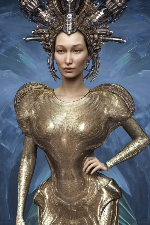 Image similar to a highly detailed 4 k render of a beautiful alien goddess bella hadid in iris van herpen dress metallic schiaparelli in diamonds and jewelry in style of alphonse mucha trending on artstation made in unreal engine 4