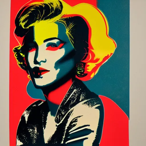 Image similar to silkscreen and lithography to create colorful cyborgs in the style of andy warhol