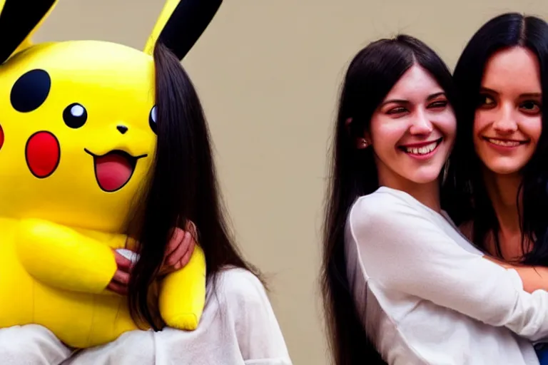 Prompt: a young skinny woman with long dark hair hugging a pikachu