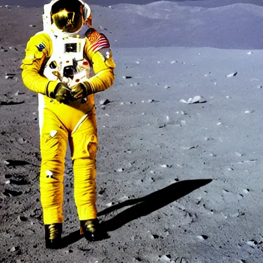 Prompt: color photography of Freddy mercury singing on the moon, wearing yellow military-style cropped coat