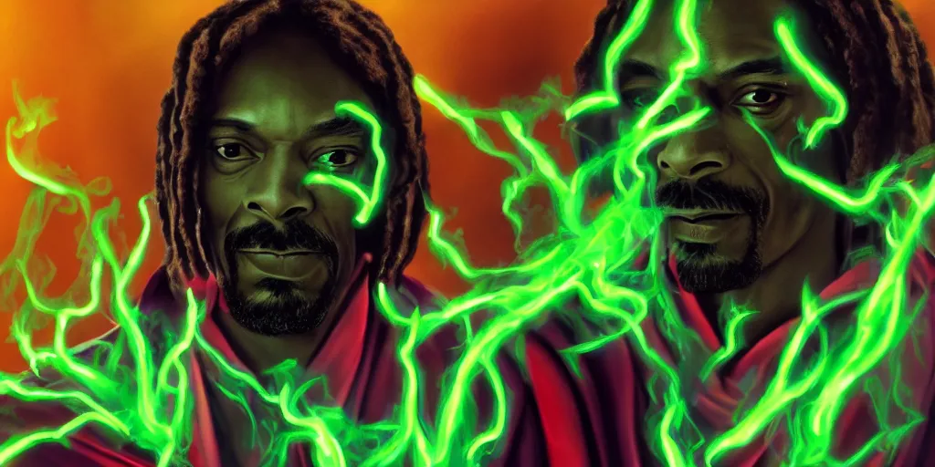 Image similar to snoop dogg doctor strange, smoke weed, marijuana, marijuana leaves, green light, highly detailed, environmental light, cinematic by francis tneh