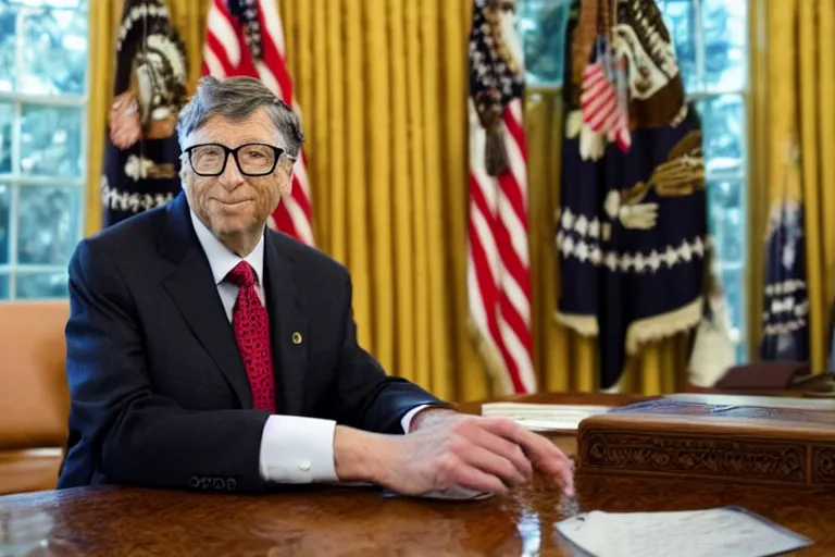 Image similar to president bill gates gives an emergency oval office address, sitting at the resolute desk, circa 2 0 2 2, professional photo, dslr, bokeh