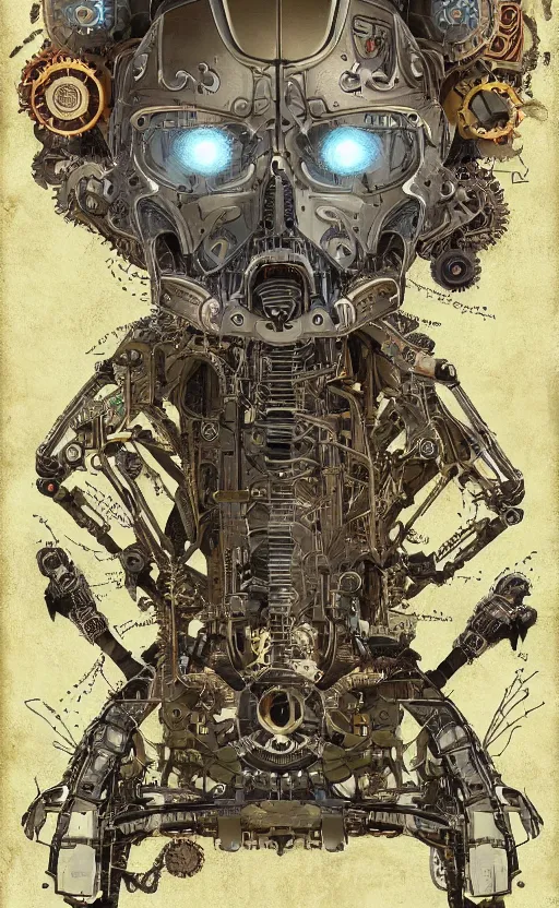 Prompt: anatomy of the terminator, robot, cyborg, t 1 0 0, steampunk, bloodborne diagrams, mystical, intricate ornamental tower floral flourishes, rule of thirds, technology meets fantasy, map, infographic, concept art, art station, style of wes anderson