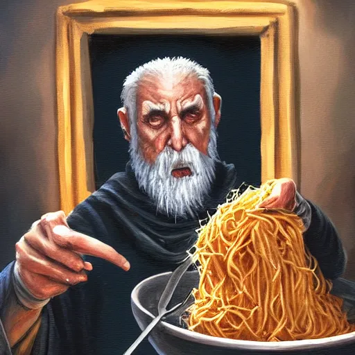 Prompt: painting of a mysterious old wizard summoning a bowl of pasta, atmospheric, oil painting, concept art, highly detailed