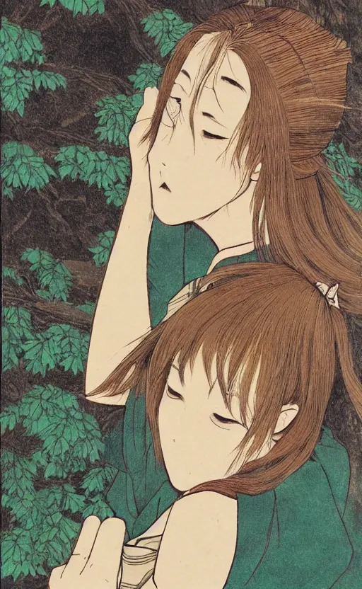 Image similar to by akio watanabe, manga art, medium size boar is curios about girl with brown hair sitting in forest, yellow eyes, weft on clothing, trading card front, kimono, realistic anatomy