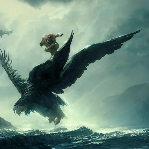 Image similar to A giant flying creature rising up out of a turbulent sea near a rocky shore, body and head of lion, wings of eagle, by Craig Mullins, very detailed, realistic, epic concept art, light, light Rays, cinematic stormy sky, trending on artstation, epic cinematography, epic composition