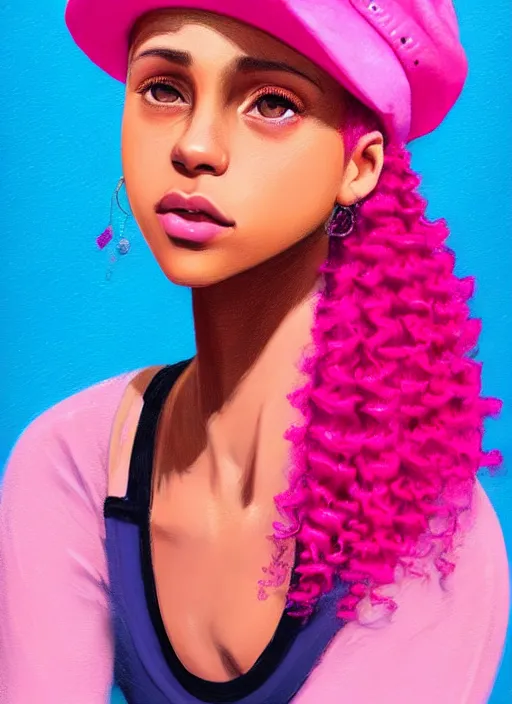 Image similar to portrait of teenage vanessa morgan with bright pink hair, black girl, curly pixie cut hair, wearing newsboy cap, pink short haircut, newsboy cap, hoop earrings, blue eyes, intricate, elegant, glowing lights, highly detailed, digital painting, artstation, concept art, smooth, sharp focus, illustration, art by wlop, mars ravelo and greg rutkowski