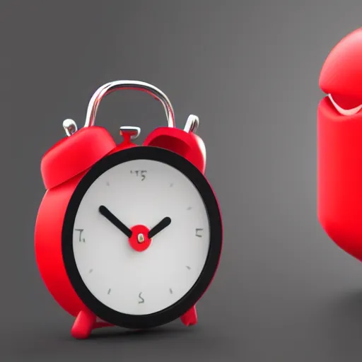 Image similar to Very tiny red alarm clock that looks like the iOS emoji and has the same colors, 3D clay render, 4k UHD, white background, isometric top down left view, diffuse lighting, zoomed out very far