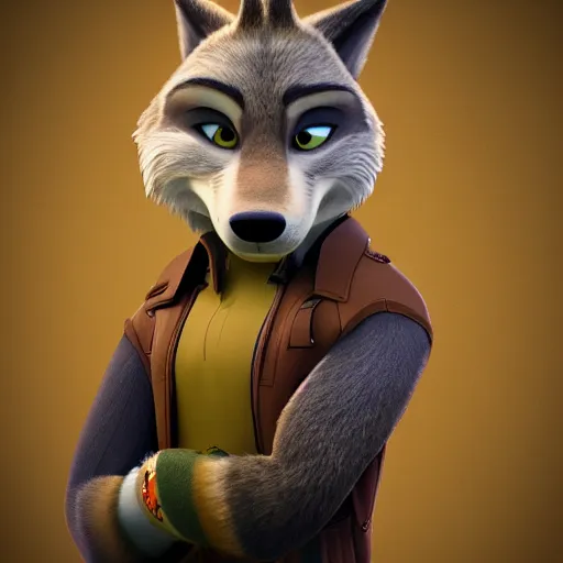 Image similar to full body, 3d render , anthropomorphic wolf male , wearing along brown leather jacket , in the style of Zootopia