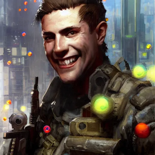 Image similar to portrait of soldier armed with a bubble gun. shadowrun cyberpunk fantasy detailed painting by craig mullins. cute bubbles and big smile