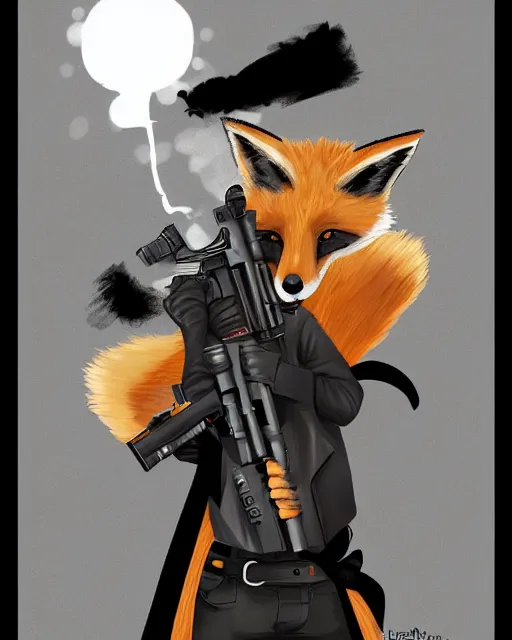 Image similar to a fox wearing a black trench - coat holding a mini - gun, comic art style, digital art,