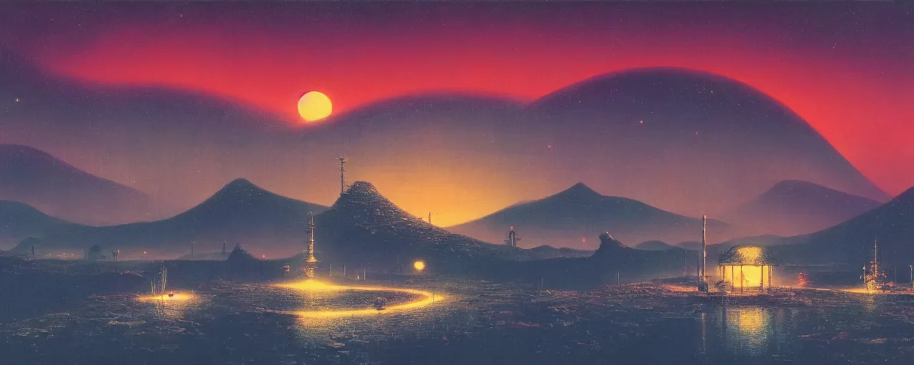 Image similar to awe inspiring bruce pennington landscape, digital art painting of 1 9 6 0 s, japan at night, 4 k, 8 k