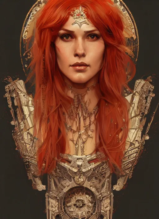 Prompt: symmetry!! red sonja, machine parts embedded into face, intricate, elegant, highly detailed, digital painting, artstation, concept art, smooth, sharp focus, illustration, art by artgerm and greg rutkowski and alphonse mucha, 8 k