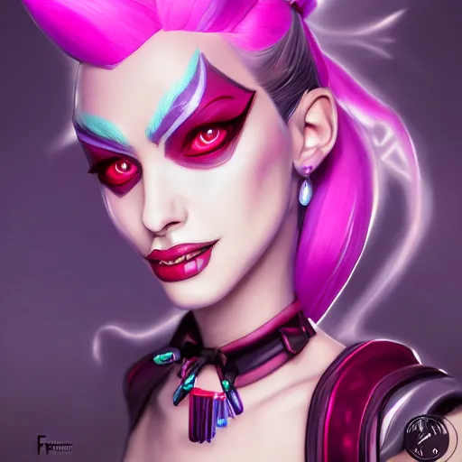 Image similar to portrait of Jinx from League of Legends, by Fortiche Studio, by Riot Games, from Netflix's Arcane, trending on artstation,fine details, realistic shaded, fine-face, painted texture, pretty face