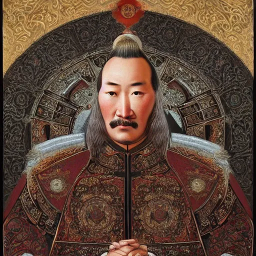 Image similar to a stunning and noble highly detailed romantic period style portrait of Genghis Khan by Josep Tapiró Baró, trending on artstation, oil painting masterpiece, symmetry, fractals, Mongolian iconography