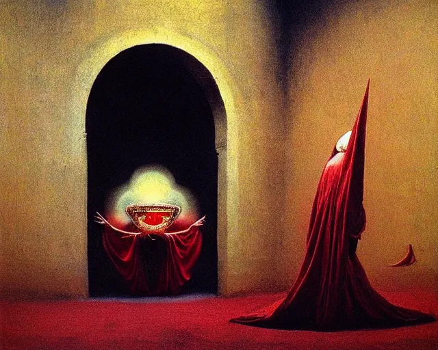 Prompt: devotion to the scarlet woman, priestess in a conical hat, coronation, ritual, sacrament, by francis bacon, beksinski, mystical redscale photography evocative, luxury, opulence, maximalism