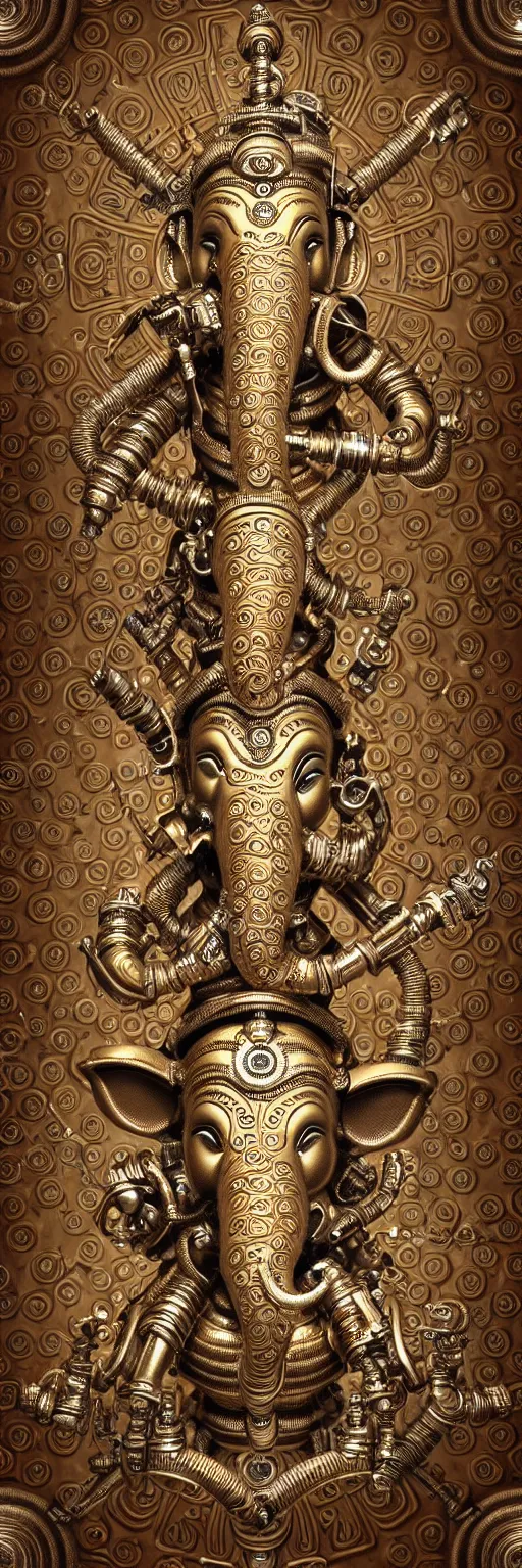 Prompt: seamless pattern of steampunk cybernetic biomechanical hindu god ganesha, 3 d model, very coherent symmetrical artwork, unreal engine realistic render, 8 k, micro detail, gold white plastic and steel intricate, elegant, highly detailed, digital painting, artstation, smooth, sharp focus, illustration, artgerm, tomasz alen kopera, wlop