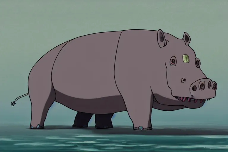 Prompt: a study of a cell shaded cartoon of a grey robot hippo from howl's moving castle ( 2 0 0 4 ), in an african river, full body, wide shot, very muted colors, post grunge, studio ghibli, highly detailed, deviantart, art by artgem