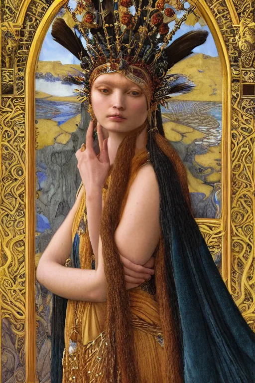 Image similar to coronation portrait of the goddess of the Last Tree, by Donato Giancola and John Bauer and John William Godward and Vermeer, embroidered velvet, iridescent beetles, rich color, ornate headdress, flowing robes, lost runes, ancient civilizations, dramatic cinematic lighting, featured on Artstation, cgisociety, unreal engine, extremely detailed