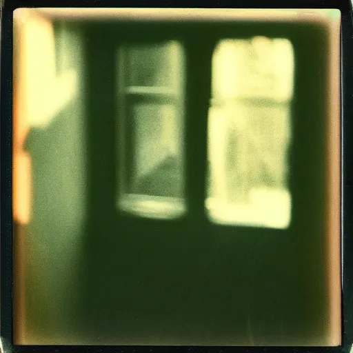 Prompt: dark room with a face peeking through a window, old polaroid, expired film, eerie,