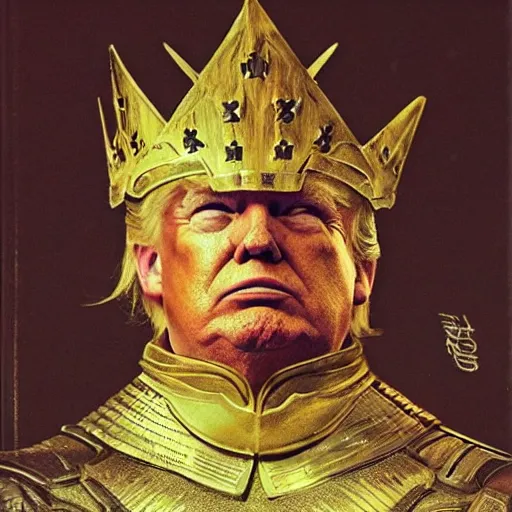 Prompt: cinematic full shot, donald trump as a knight, shinning armor, knights armor, donald trumps sexy face, intimidating pose, donald trump wearing a crown, by hans thoma