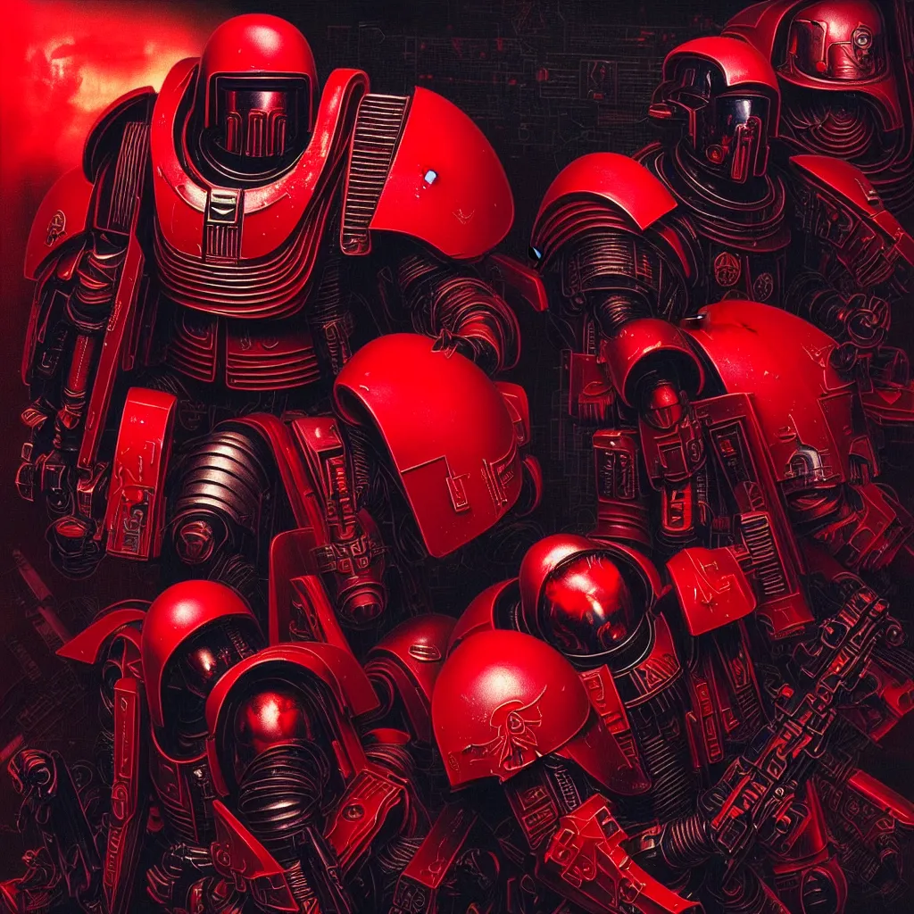 Prompt: 1 : 1 album artwork, technology sci - fi, 1 9 8 0's minimalistic, dark colours, gradients, analogue texture, desaturated colours, silly, neon synth wave, computer music, lo - fi, warhammer 4 0 k blood angels